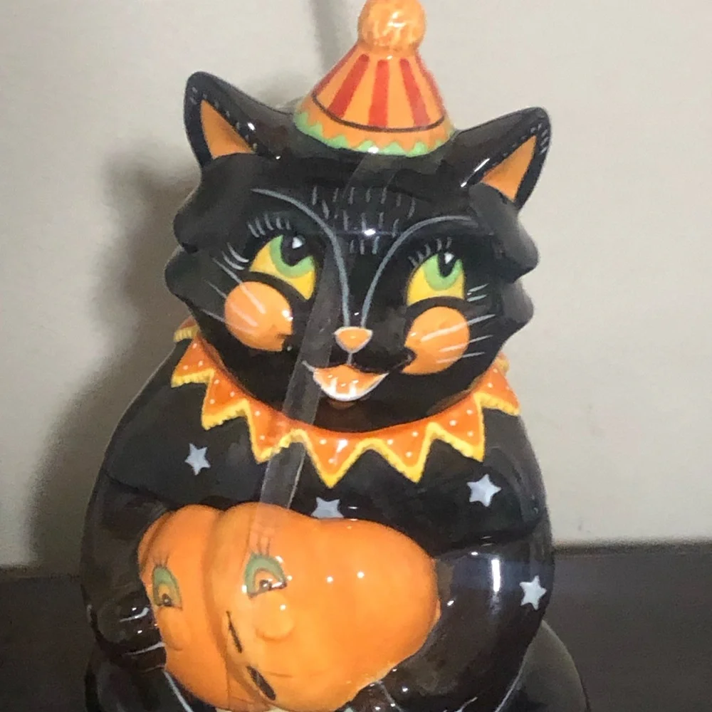 Blue Sky 12 in Ceramic Halloween Black Cat Cookie Jar with Lid Orange/White